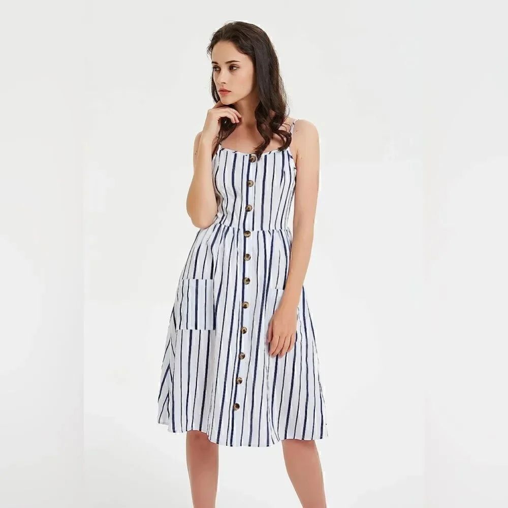 Summer Button down Spaghetti Strap Striped Swing Midi Dress with Pockets Small
